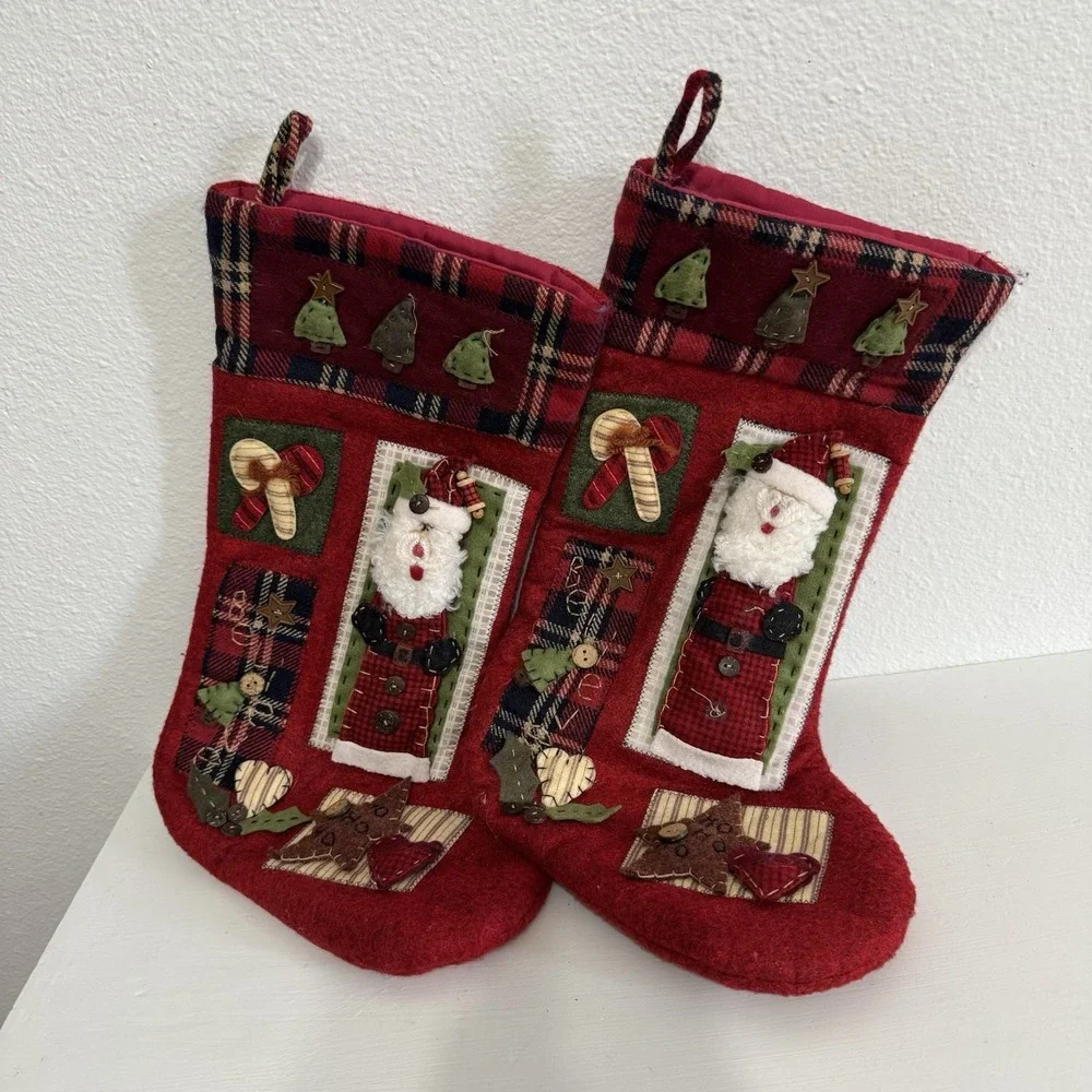 Plush 3D Folk Art Primitive Patchwork‎ Christmas Stocking Set Of 2